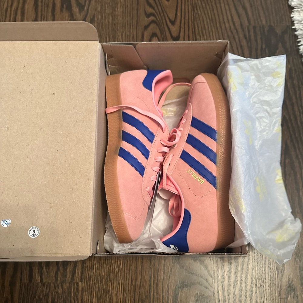 New Adidas Gazelle Pink and Blue Sneakers